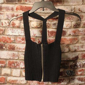 Ribbed Black Crop Top with Zipper Front